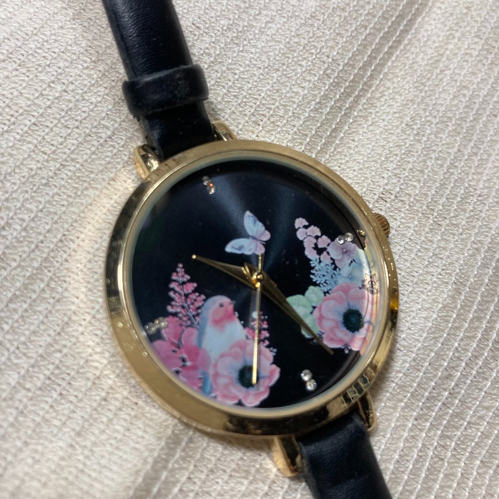 Flowery Watch Dial With Black Straps Watch